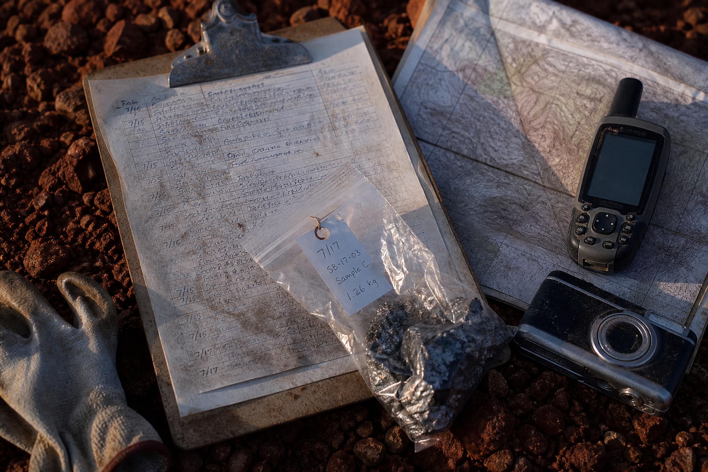Field inspection notes, a tagged ore sample, a handheld GPS, and a camera on laterite ground.